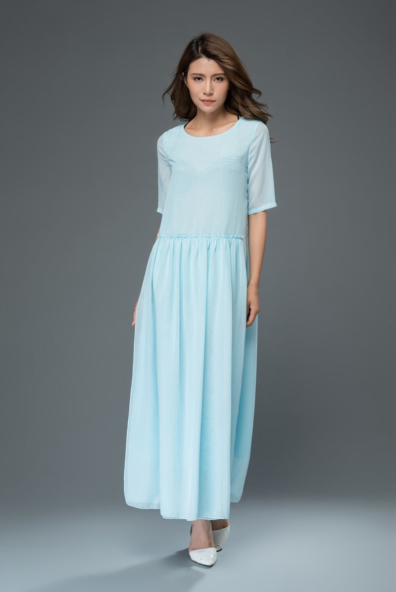 Swing maxi blue chiffon dress women c916