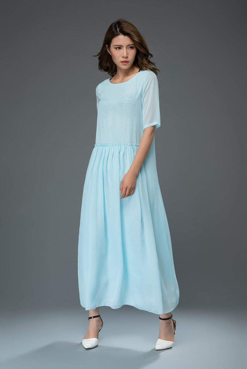Swing maxi blue chiffon dress women c916