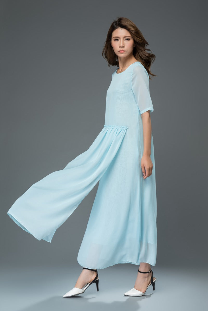 Swing maxi blue chiffon dress women c916