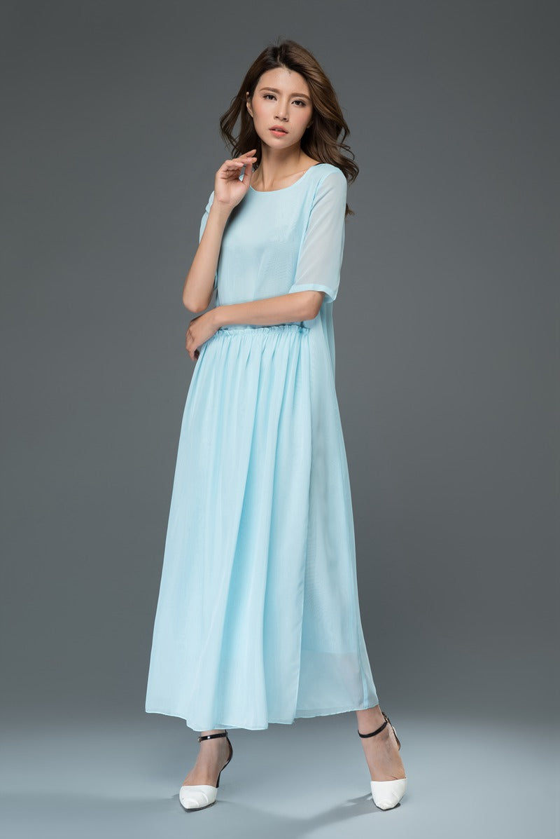 Swing maxi blue chiffon dress women c916