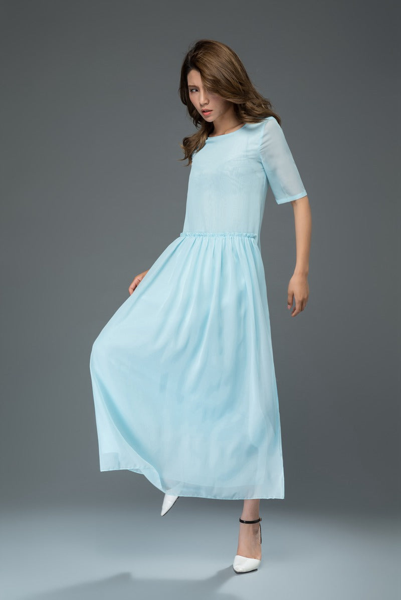 Swing maxi blue chiffon dress women c916