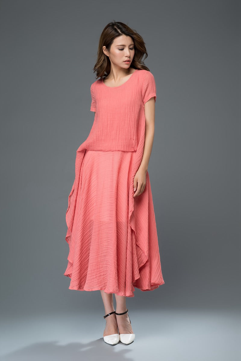 Red loose fit summer linen dress women c917