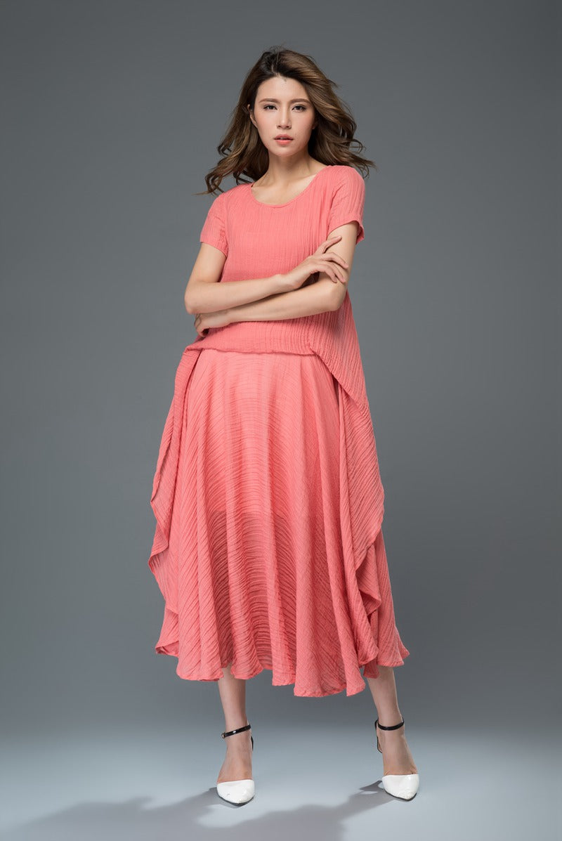 Red loose fit summer linen dress women c917