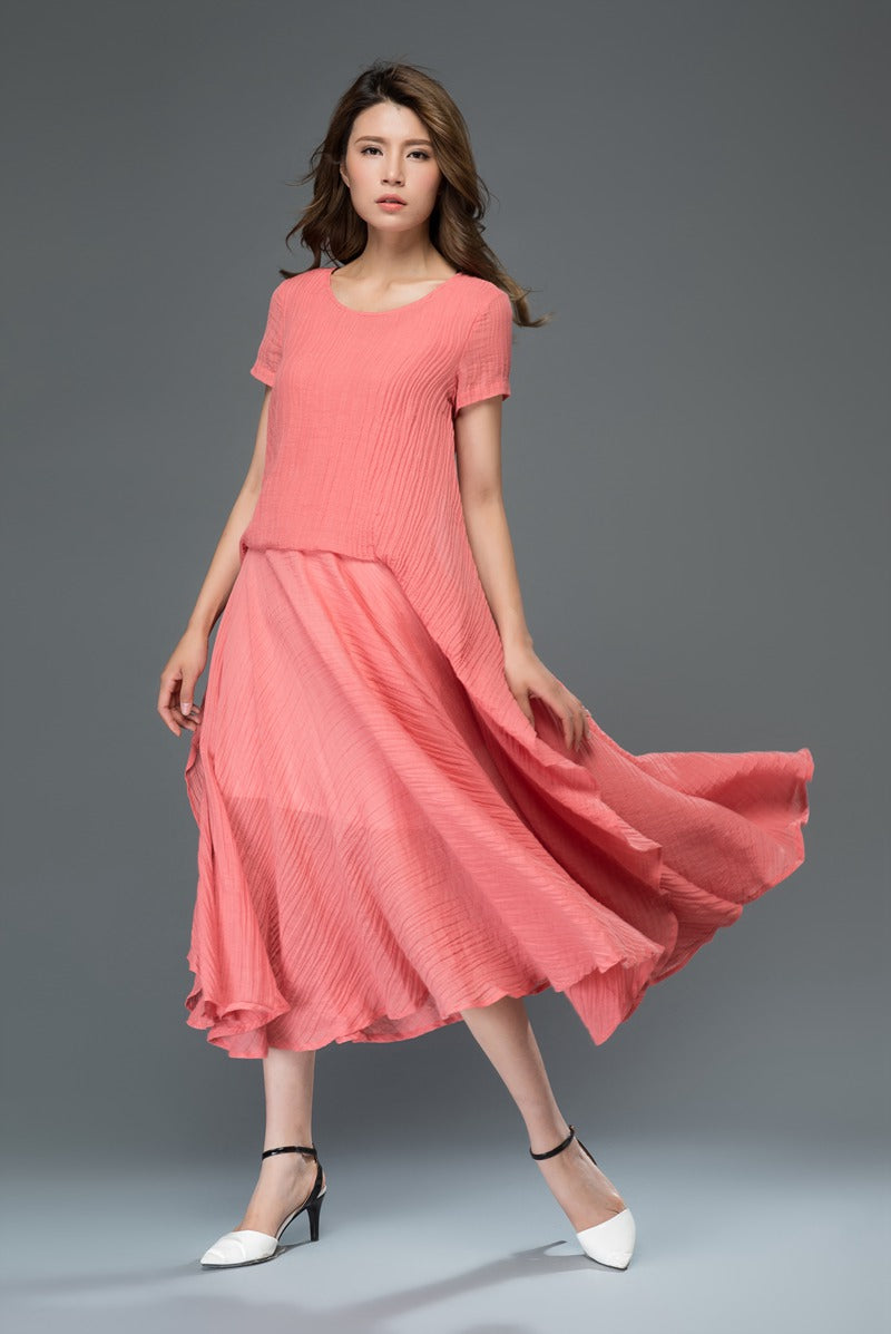 Red loose fit summer linen dress women c917