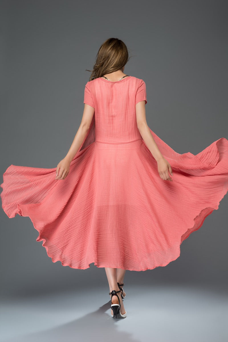 Red loose fit summer linen dress women c917