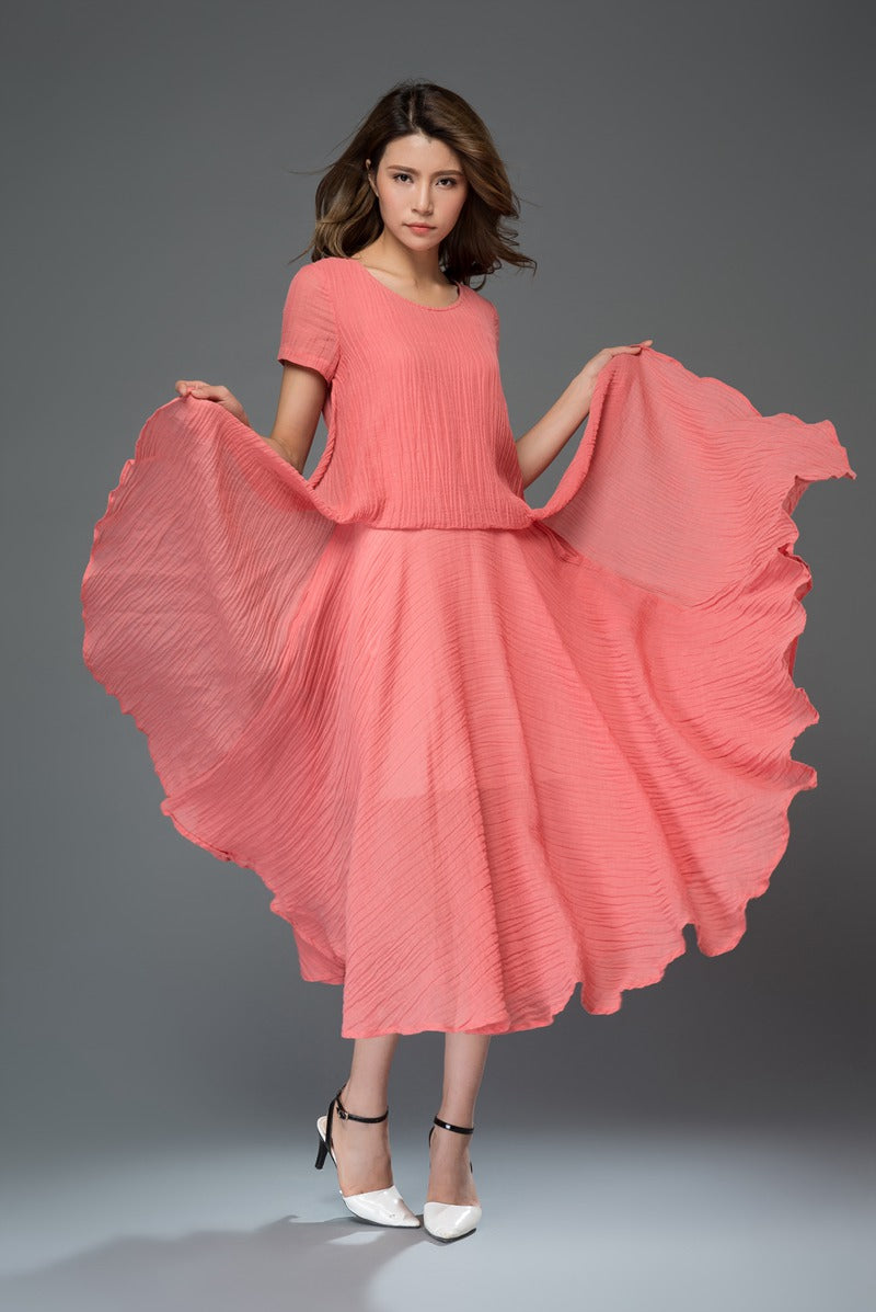 Red loose fit summer linen dress women c917