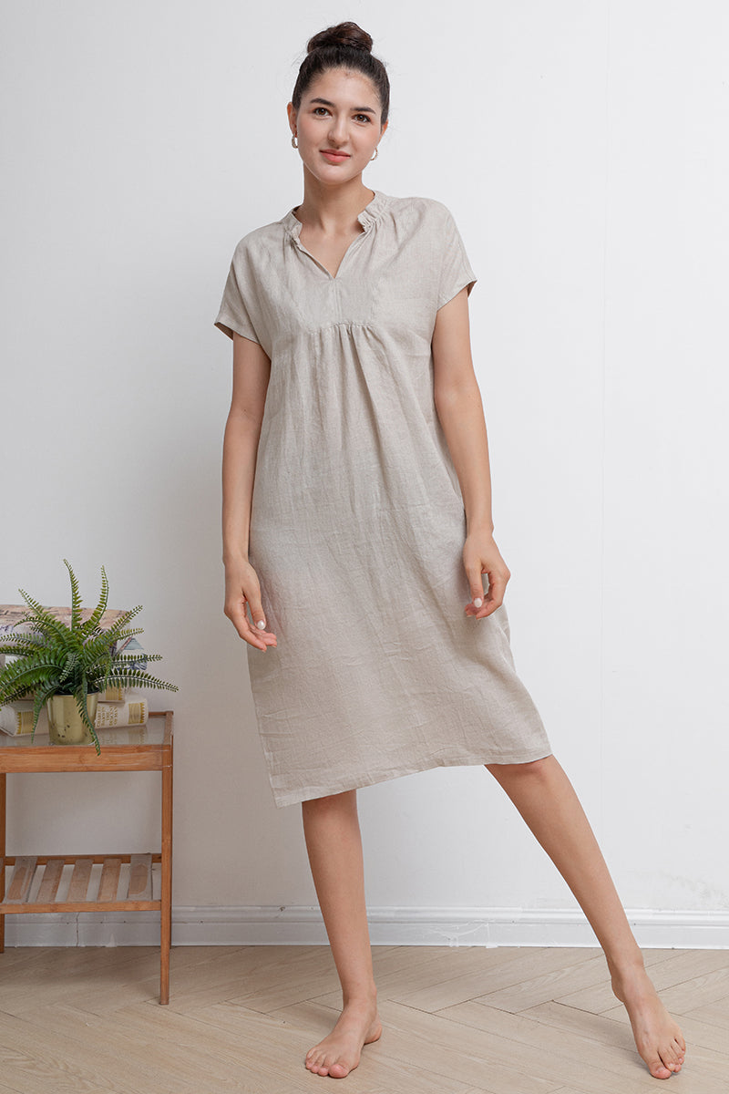 Beige V-neck Midi Linen Dress C2940,Size 175-US0 #CK2202016