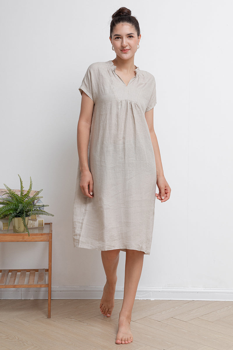 Beige V-neck Midi Linen Dress C2940,Size 175-US0 #CK2202016