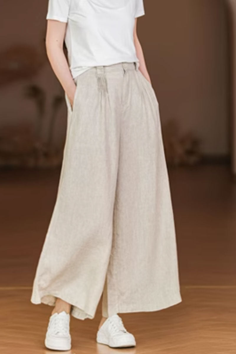 wide leg linen pants with pleating details C3858