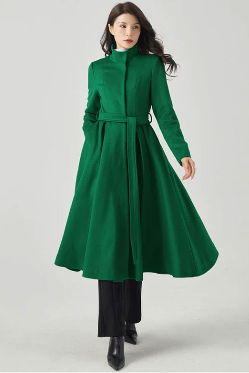 Green Wool Coat, Fit and Flare Coat, Long Wool Coat C3563