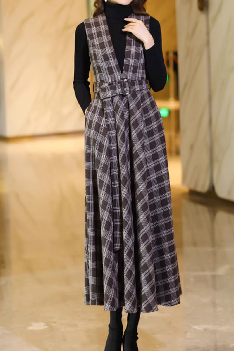 maxi plaid long wool pinafore dress C3737
