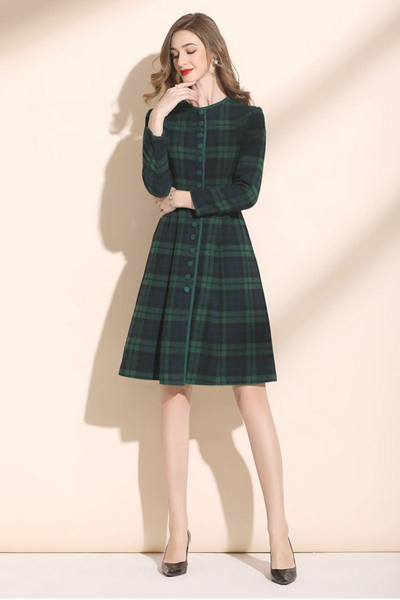 Green plaid winter wool dress women C3416