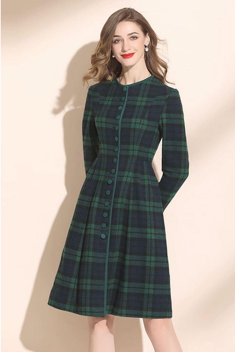 Green plaid winter wool dress women C3416