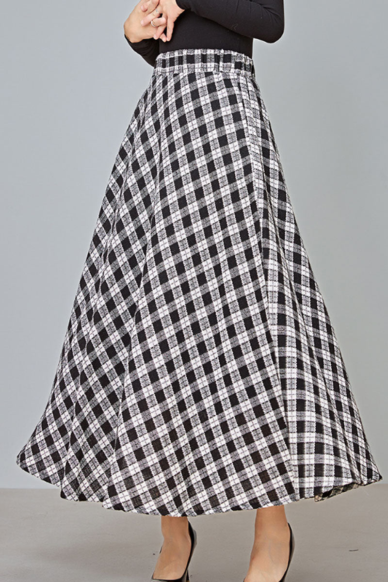 black and white plaid long wool skirt C3726