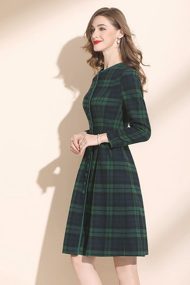 Green plaid winter wool dress women C3416