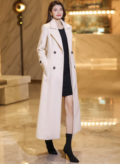 Beige Wool trench coat, Long wool coat, Double breasted wool midi coat C3711