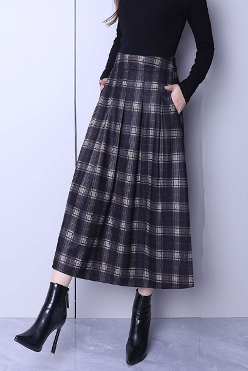 pleated winter long plaid wool skirt C3749