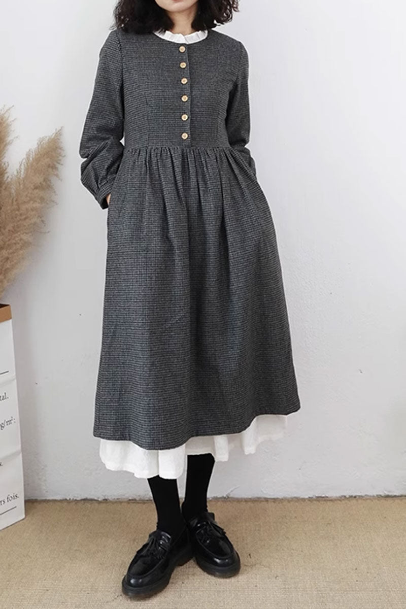 Grey pleated winter wool dress women C3647