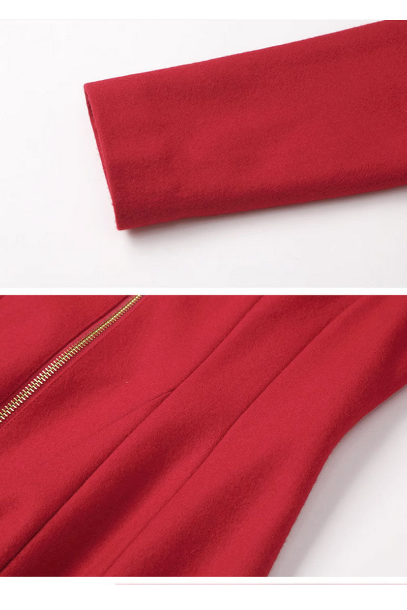elegant red wool dress with zipper closure in front C3421