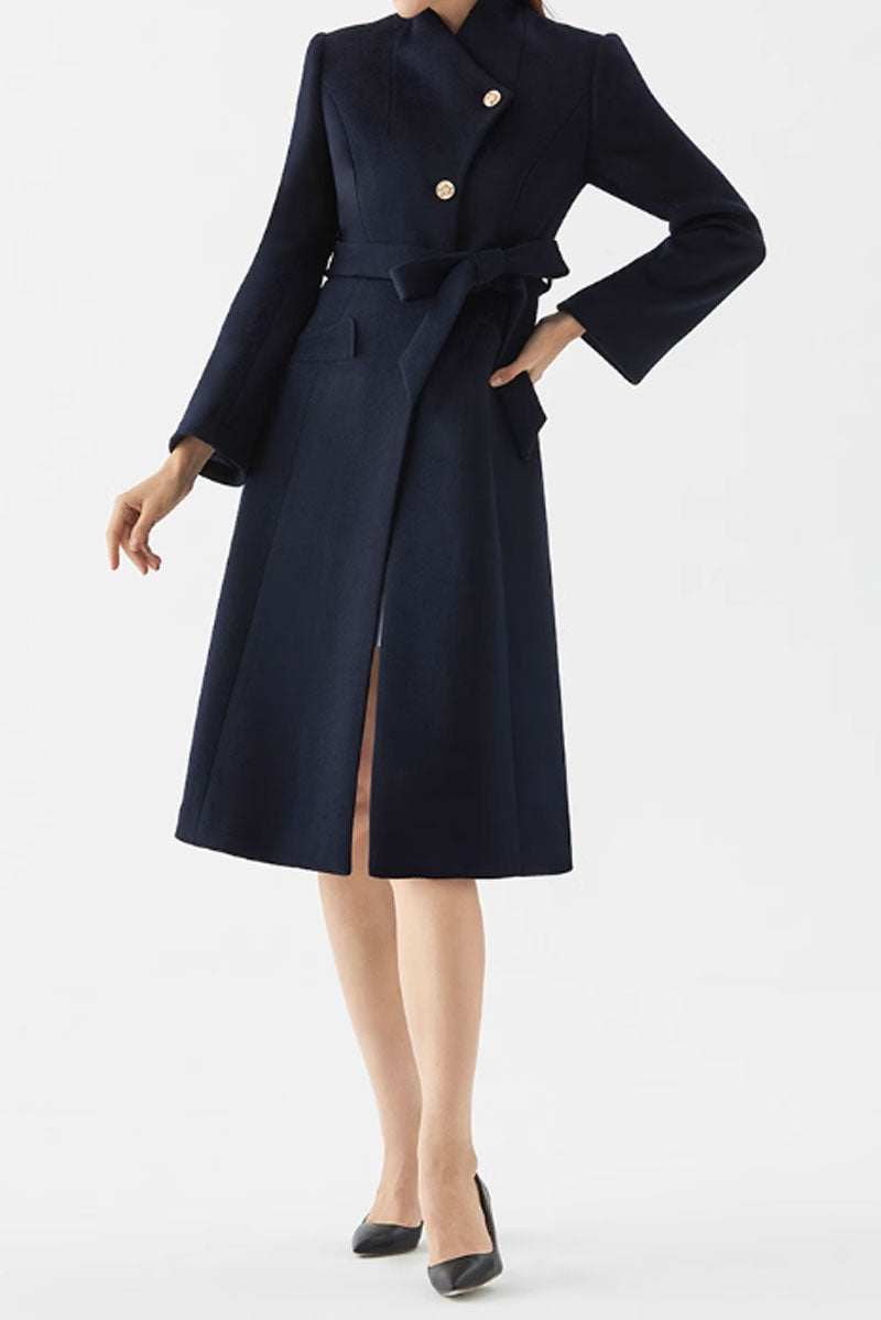 Asymmetrical navy blue wool coat women C3578