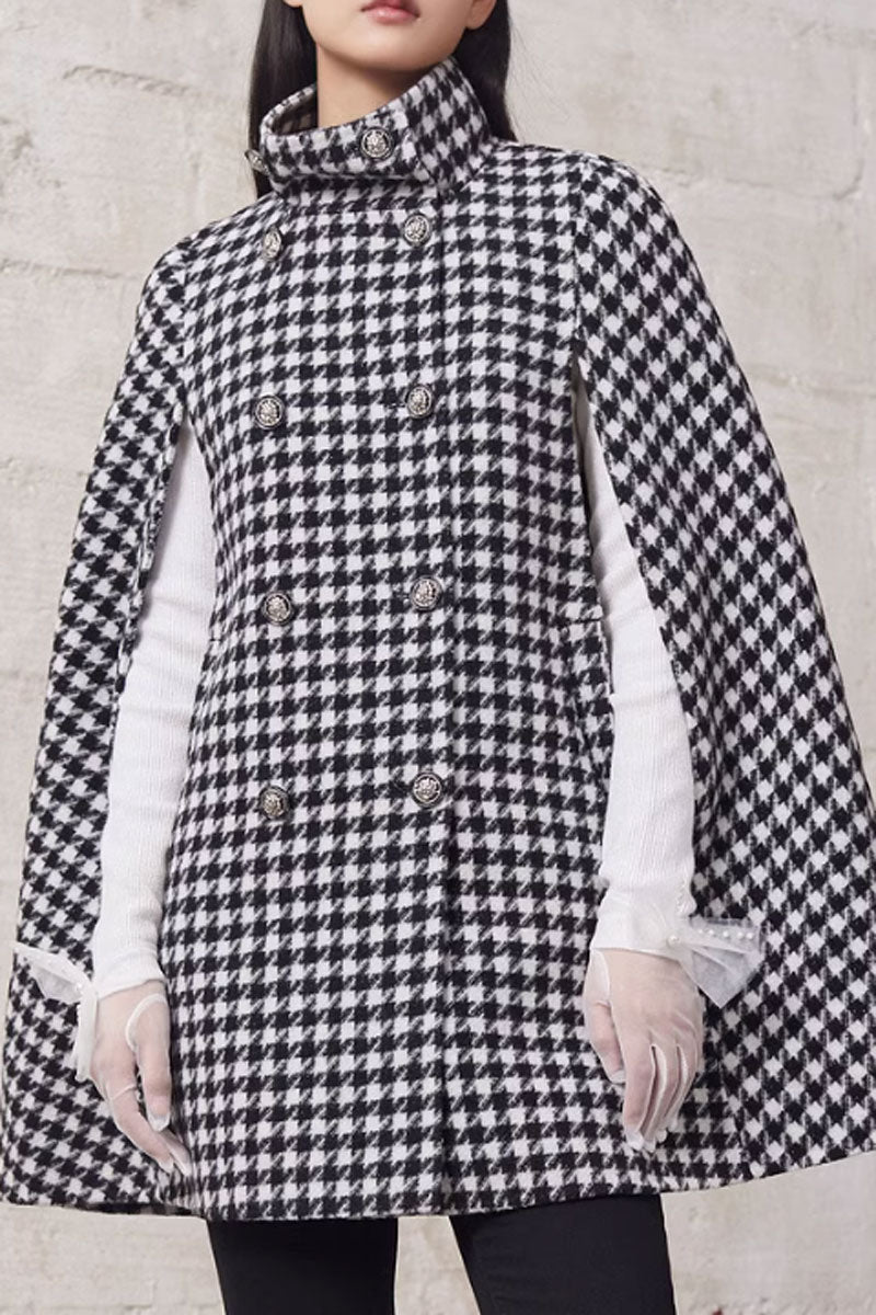 Black and white plaid wool cape women C3665