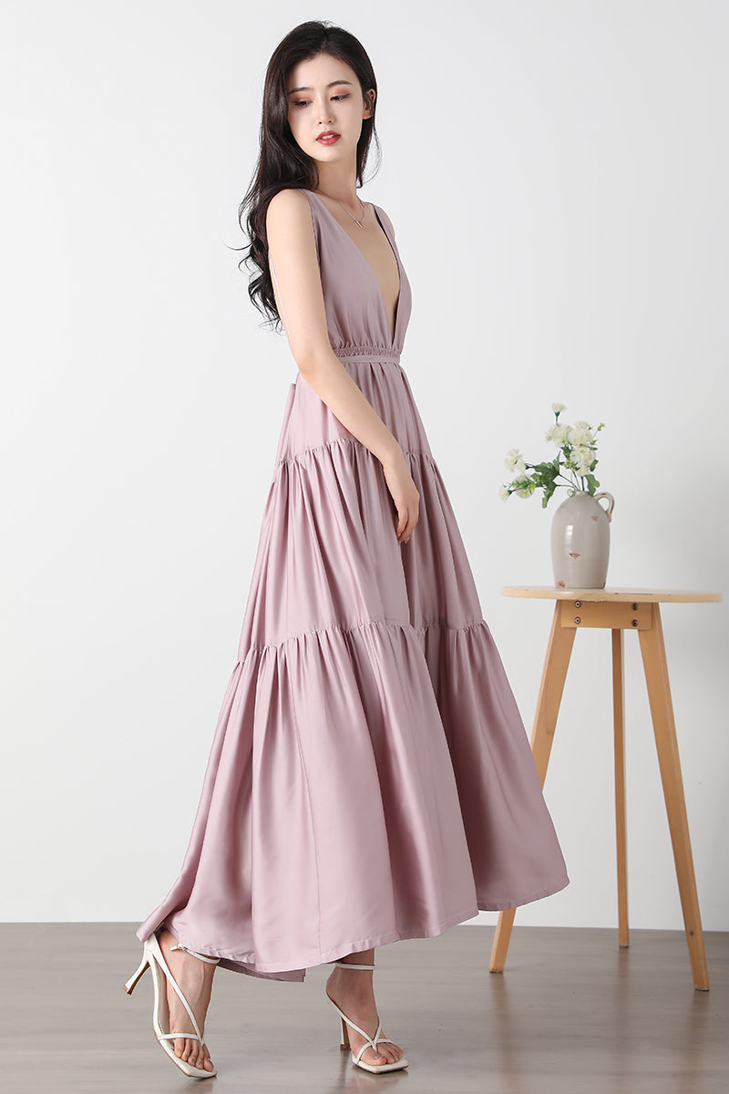 Backless Maxi Deep V Neck Dress C3247