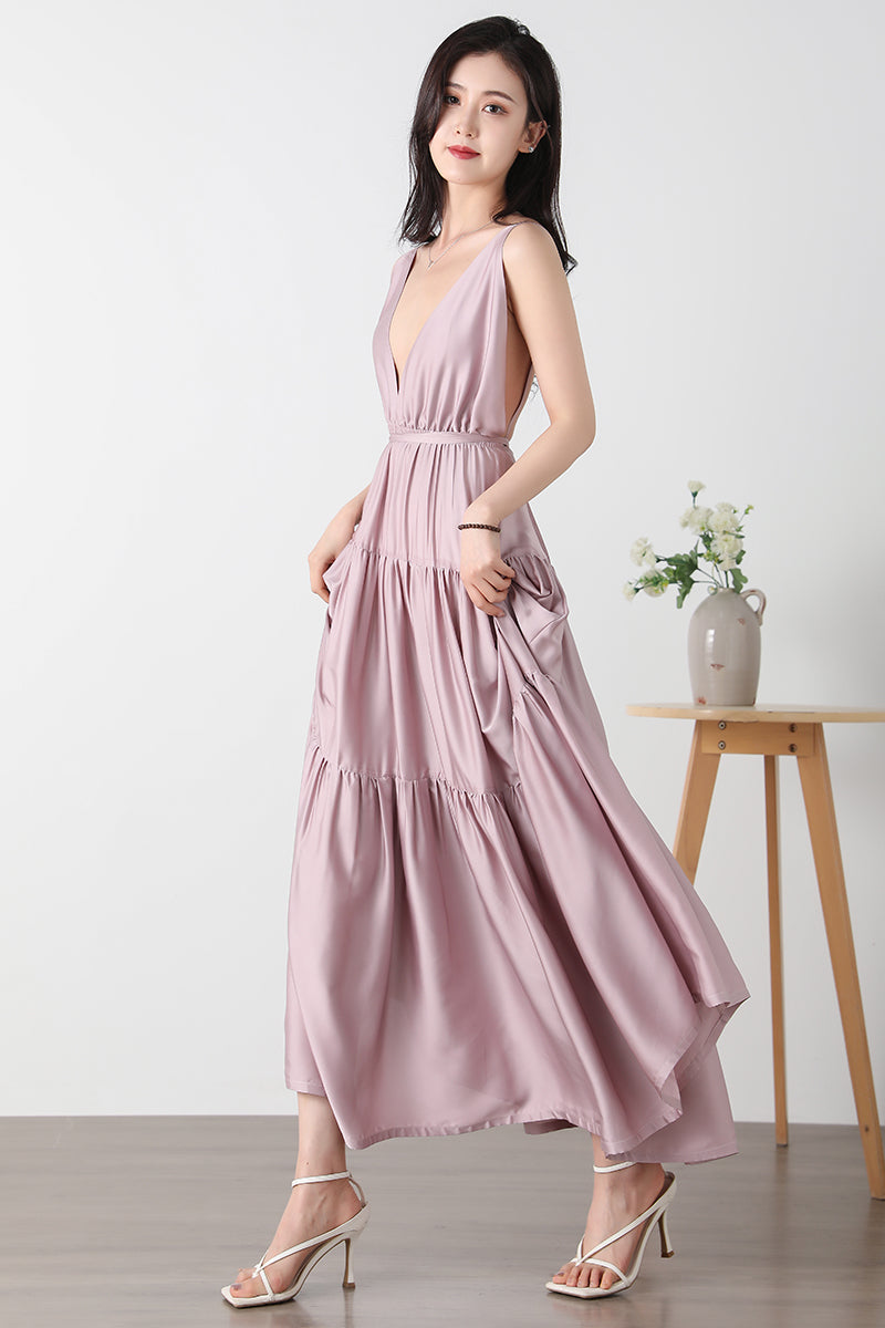 Backless Maxi Deep V Neck Dress C3247