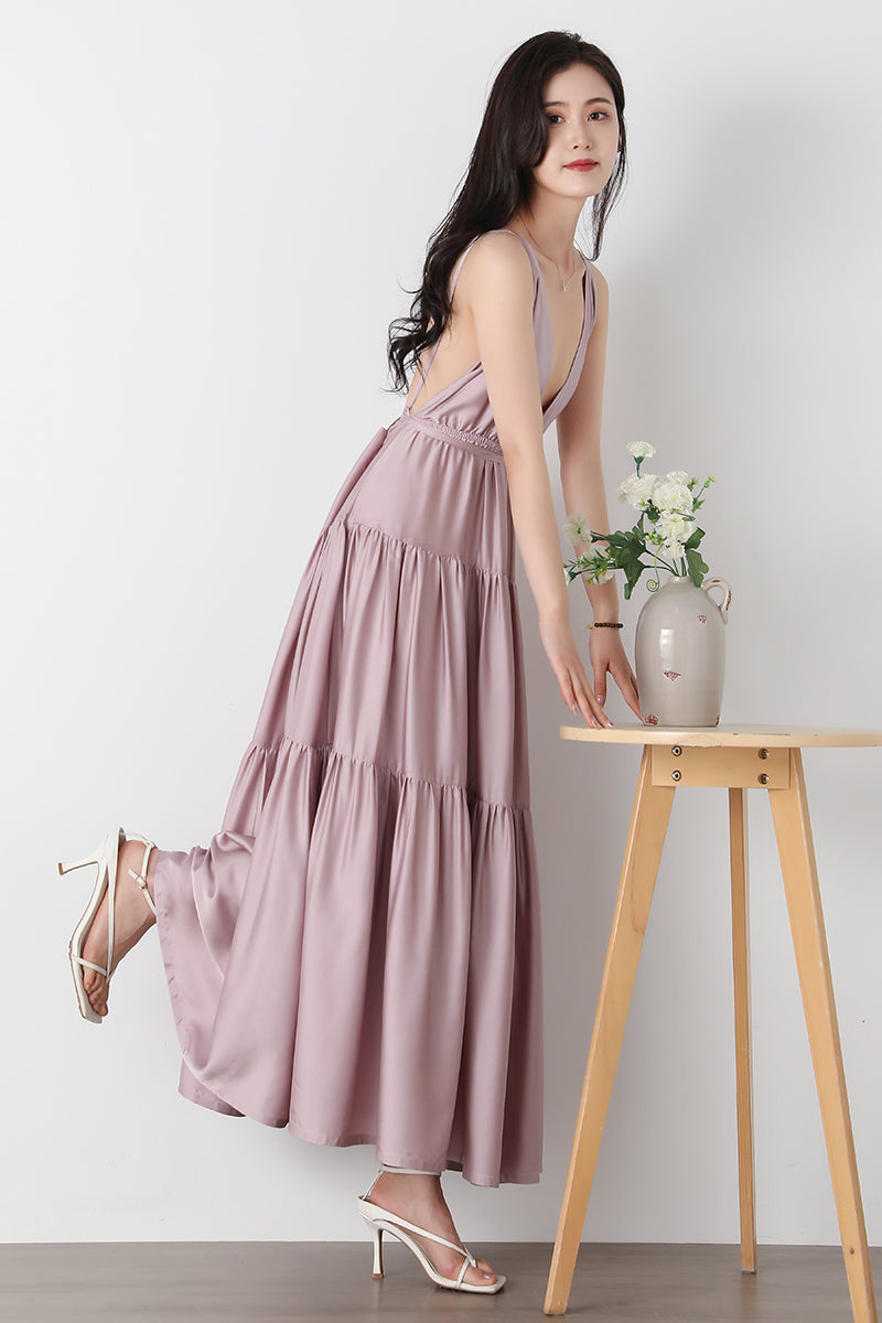Backless Maxi Deep V Neck Dress C3247