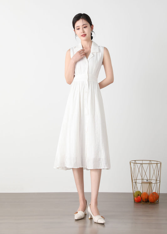 White Cotton Shirt Dress - Sleeveless Midi with Front Button Closure c3250