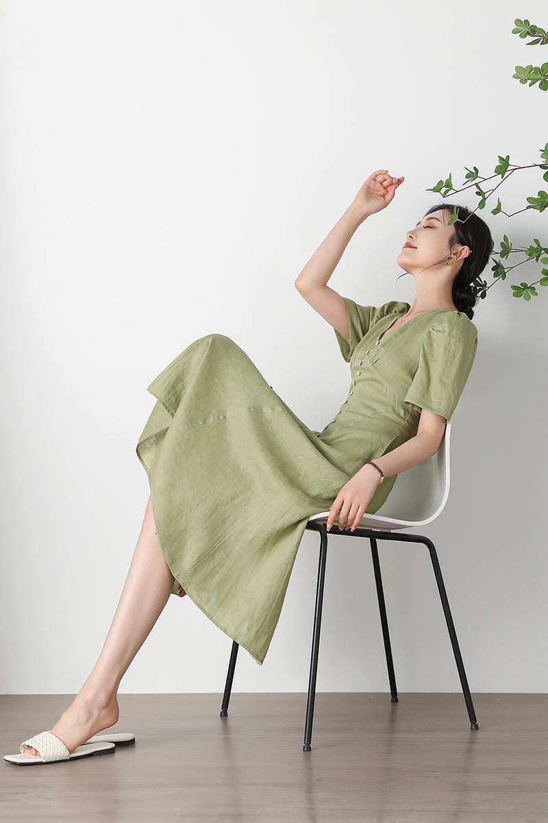 Green V-neck Linen Dress C3256