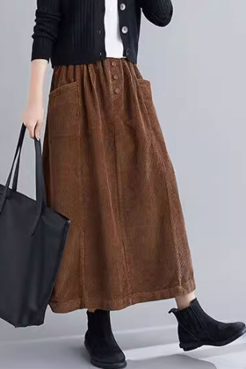 Brown Cotton Blend Corduroy Skirt - Long Length with Pockets c3903