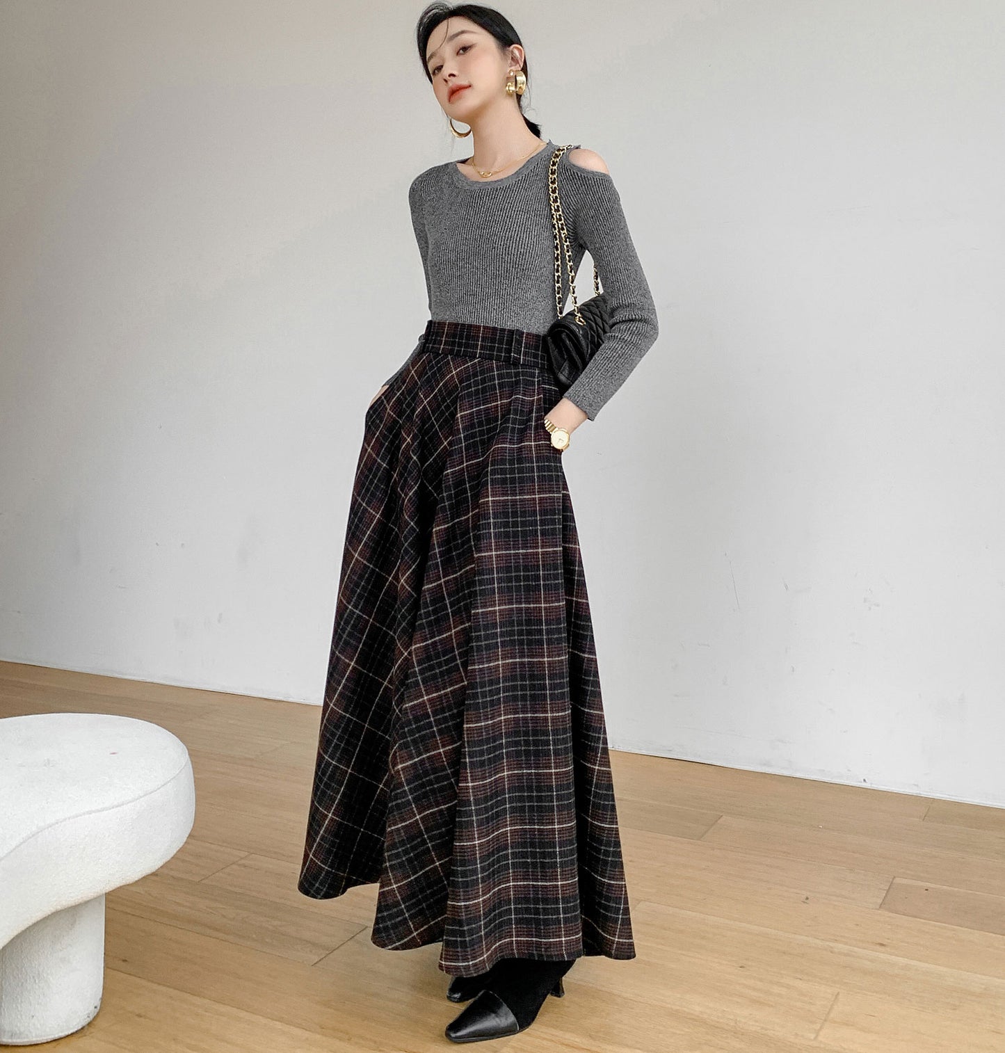 Retro Plaid Wool Skirt, High Waisted Skirt C3092