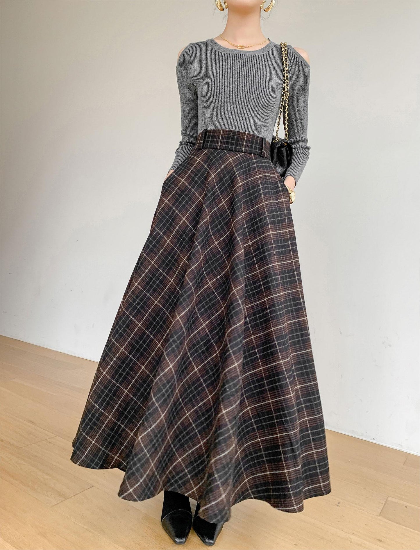 Retro Plaid Wool Skirt, High Waisted Skirt C3092