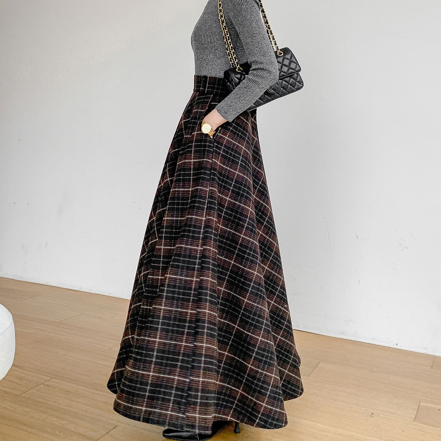 Retro Plaid Wool Skirt, High Waisted Skirt C3092