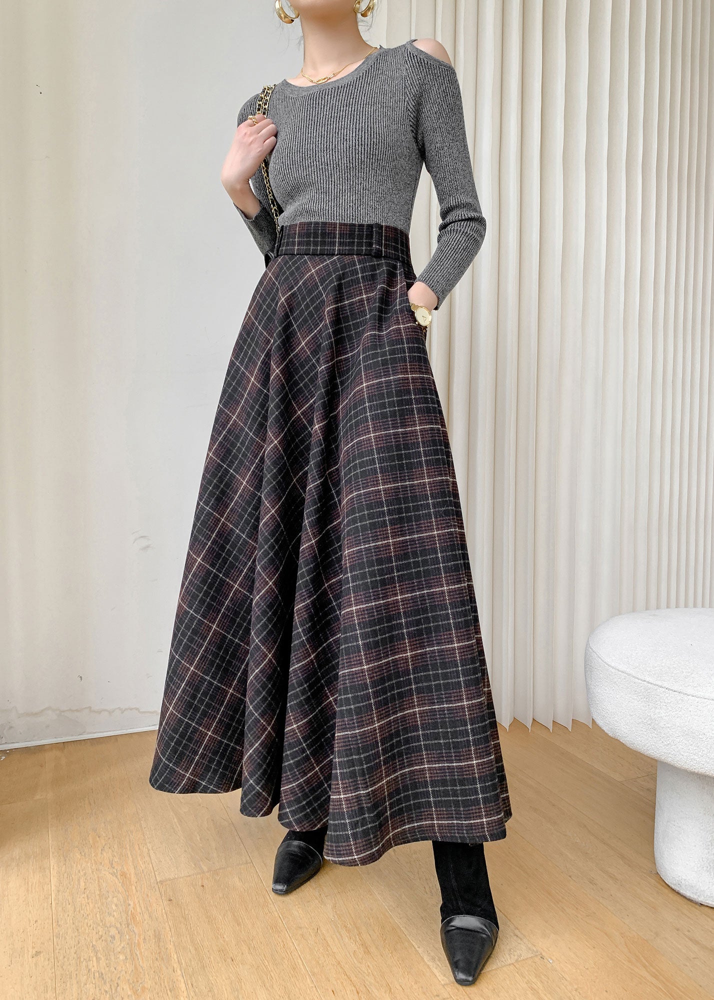 Retro Plaid Wool Skirt, High Waisted Skirt C3092