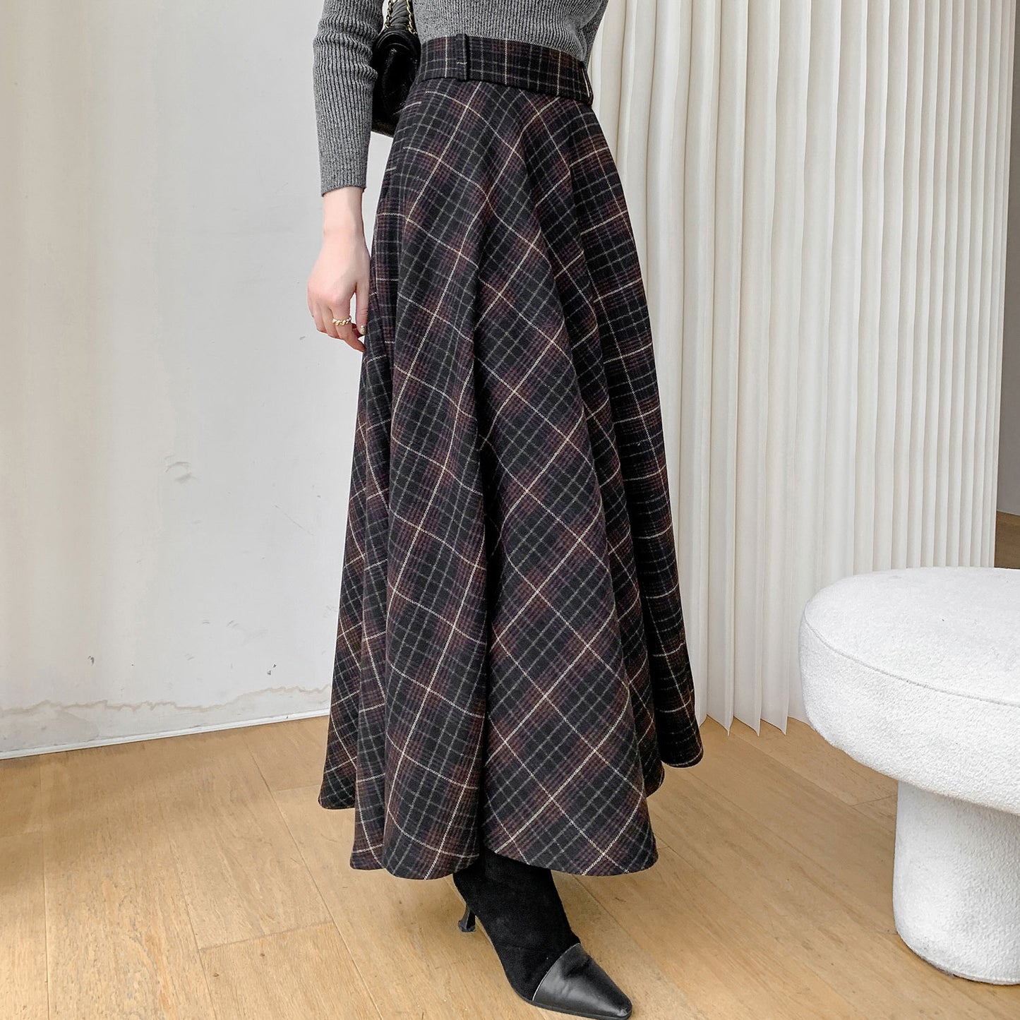 Retro Plaid Wool Skirt, High Waisted Skirt C3092