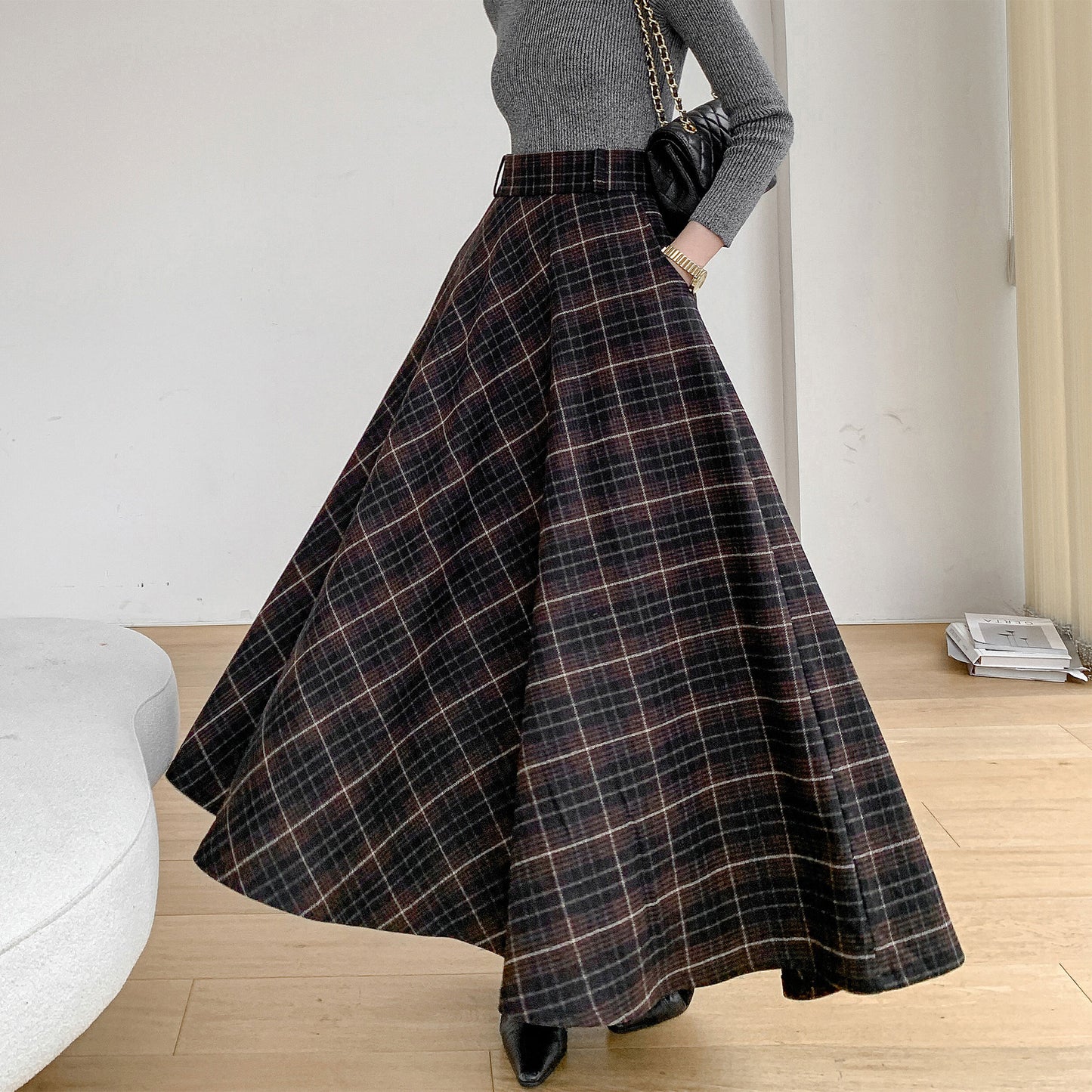 Retro Plaid Wool Skirt, High Waisted Skirt C3092