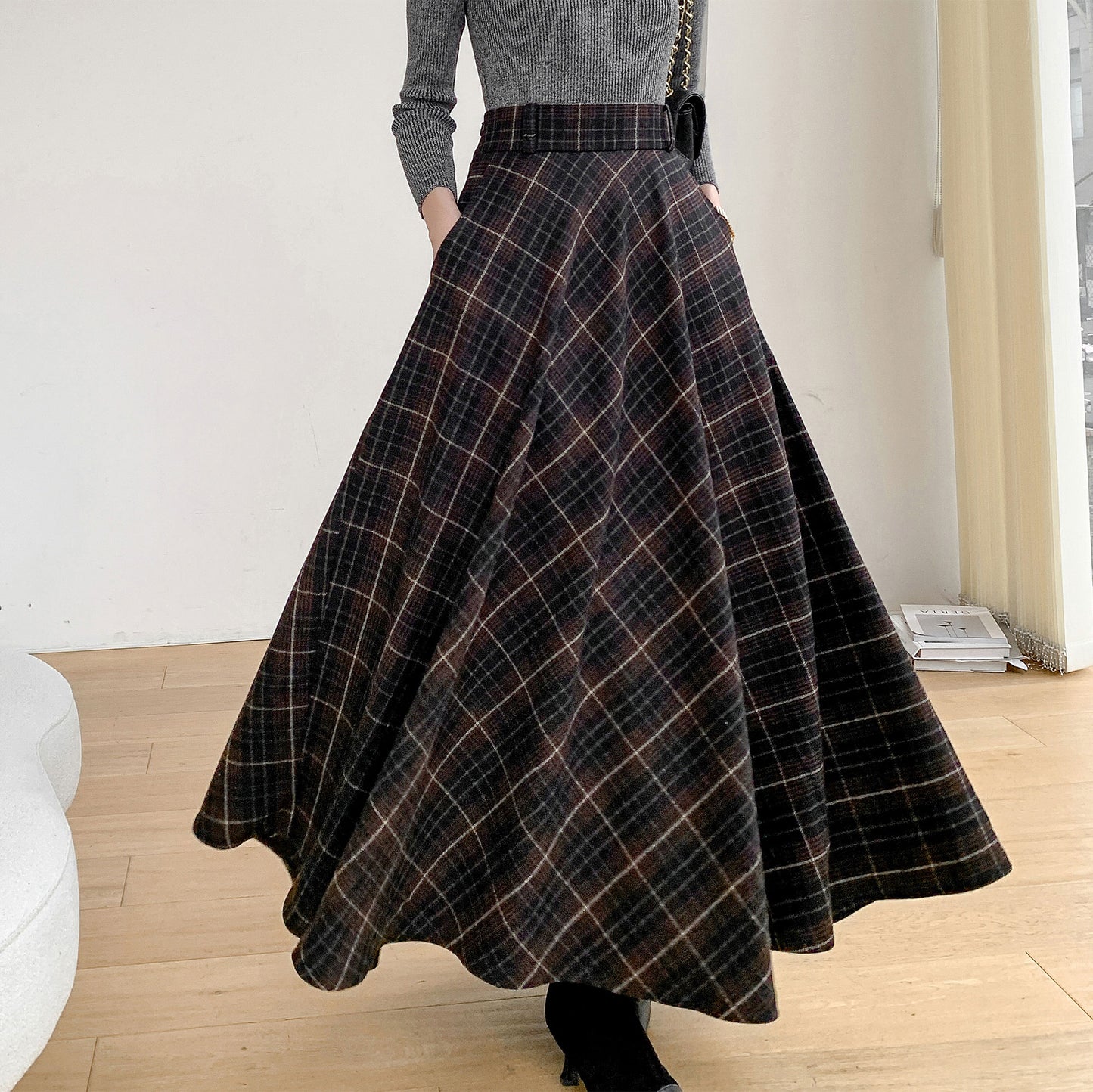 Retro Plaid Wool Skirt, High Waisted Skirt C3092