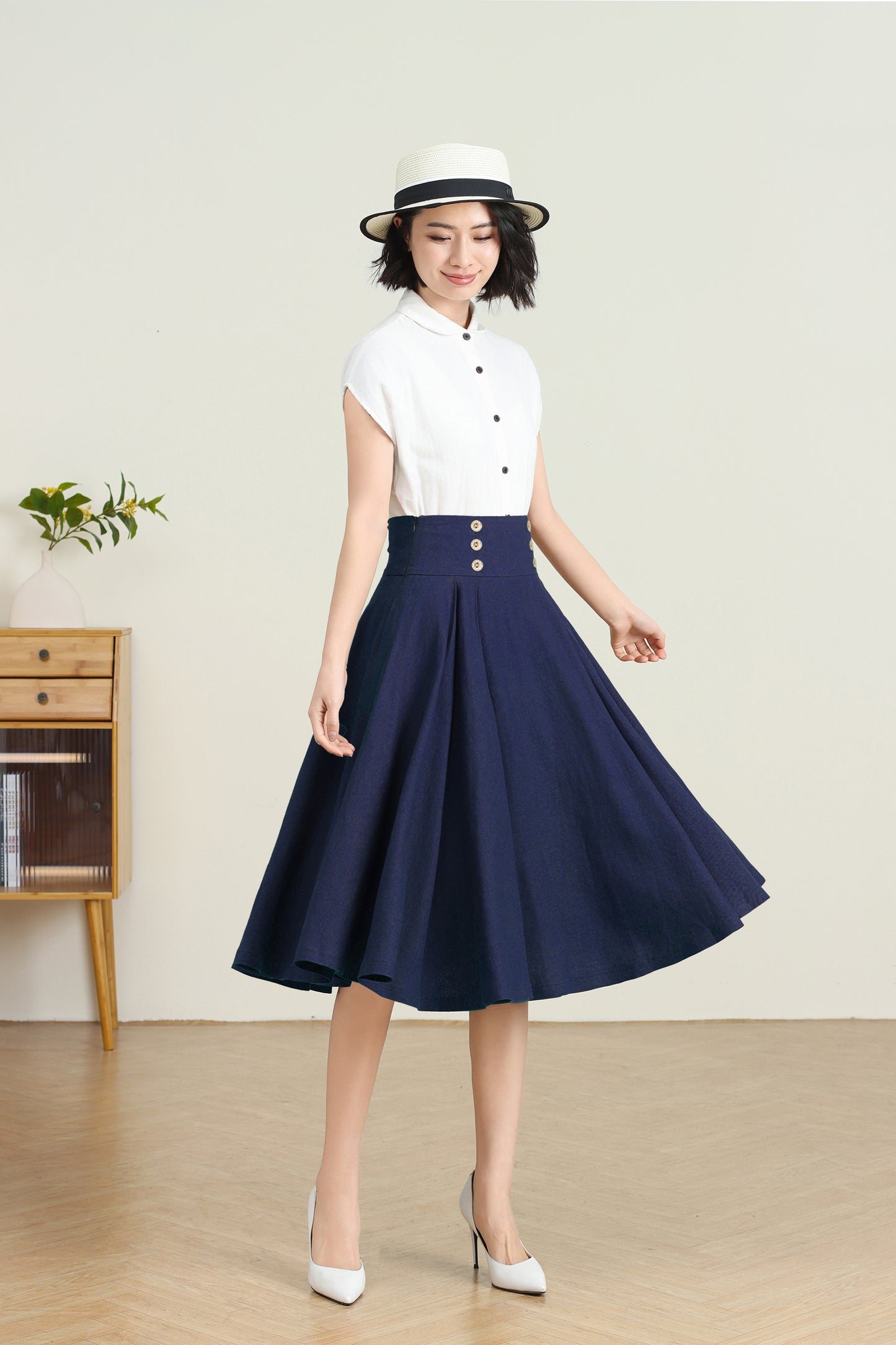 Navy Pleated Swing Skirt with Pockets C5456