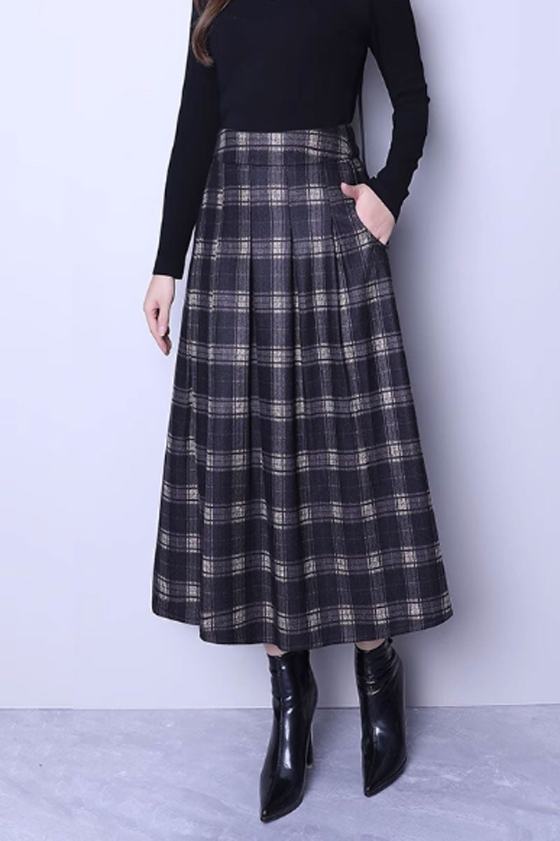 pleated winter long plaid wool skirt C3749