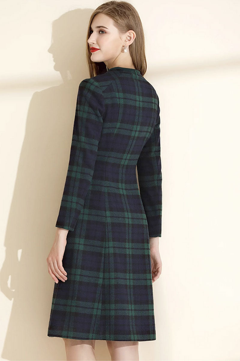 Green plaid winter wool dress women C3416