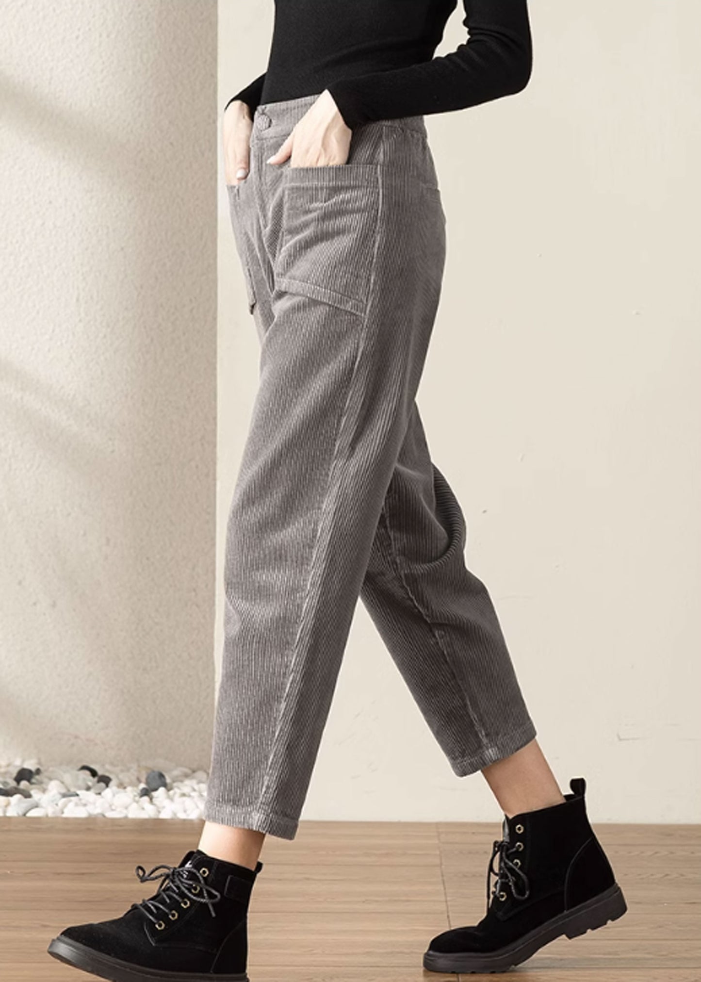 Women's Tapered Pants, Elastic Waist Corduroy Pants C3509