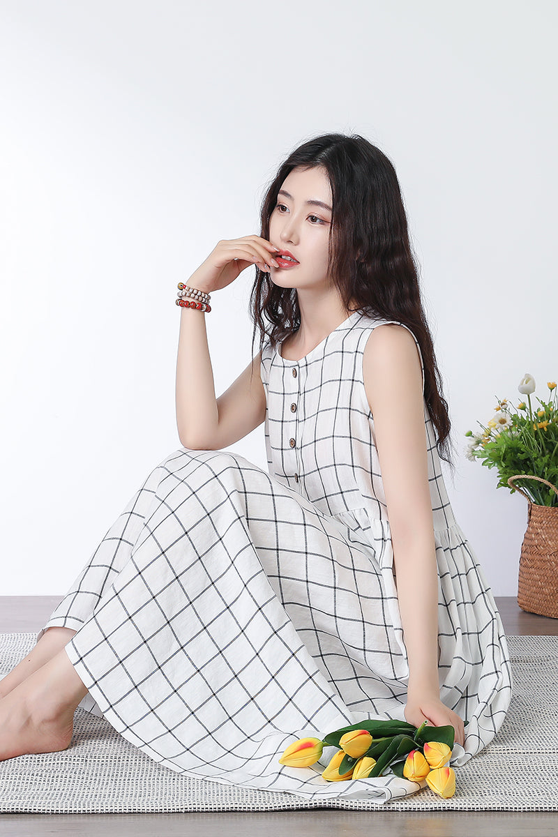 White Linen Blend Midi Dress - Pleated, Button-Front Scoop Neck C3304