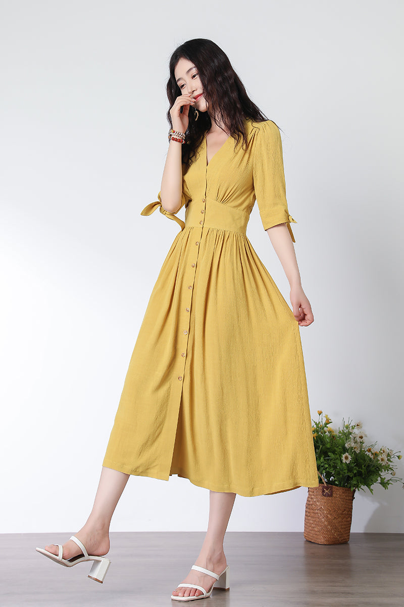 Deep V neck Linen party Dress C3321
