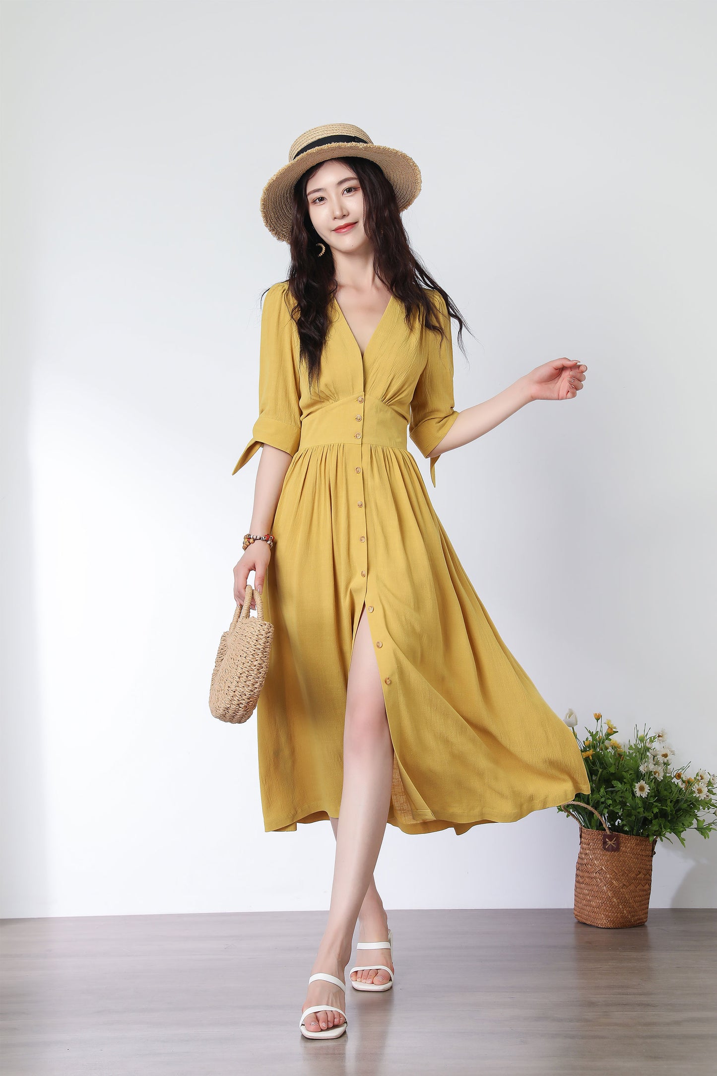 Deep V-neck Linen Dress c2914