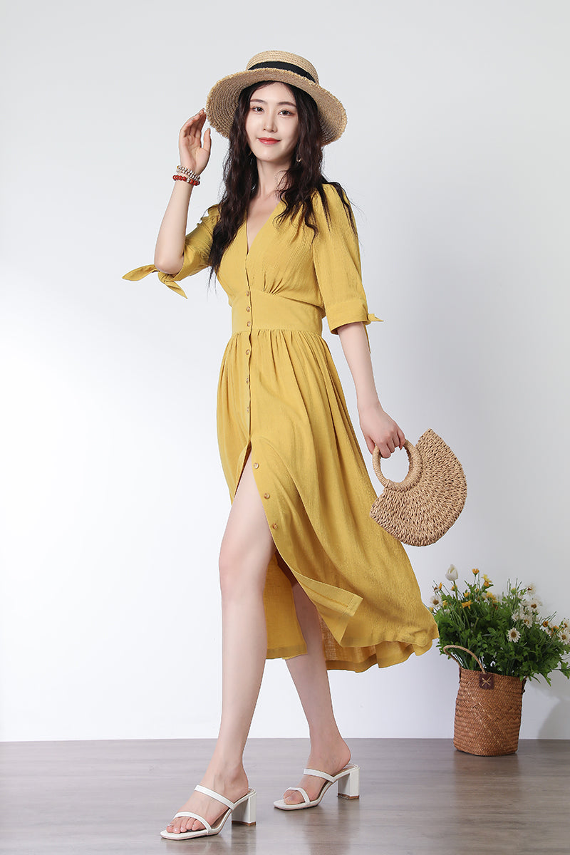 Deep V neck Linen party Dress C3321