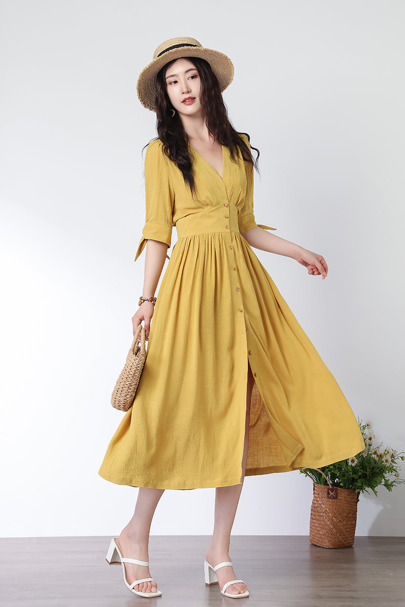 Deep V neck Linen party Dress C3321