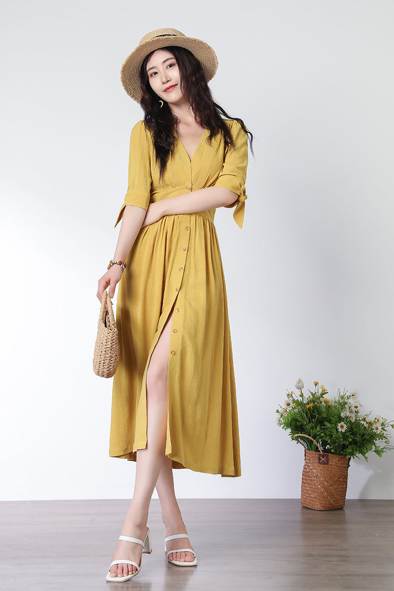 Deep V neck Linen party Dress C3321