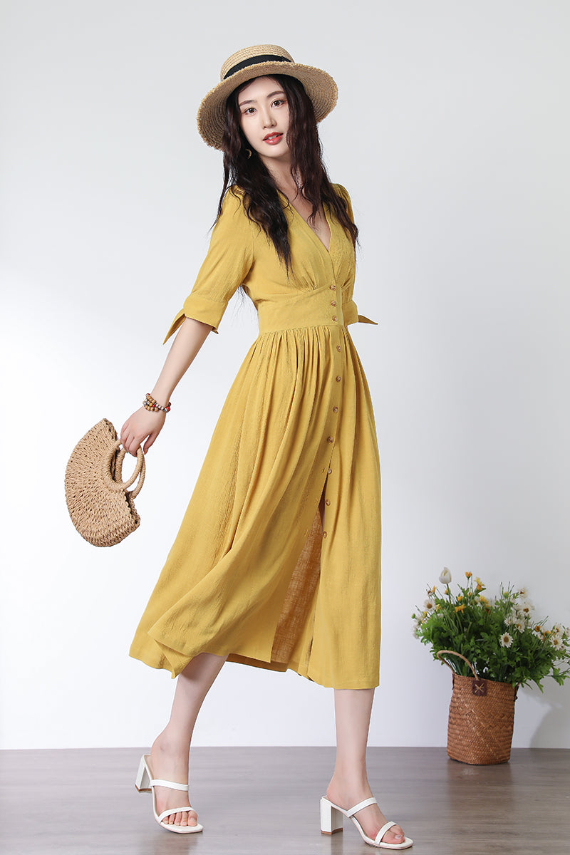 Deep V neck Linen party Dress C3321