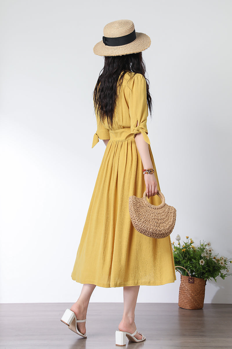 Deep V neck Linen party Dress C3321